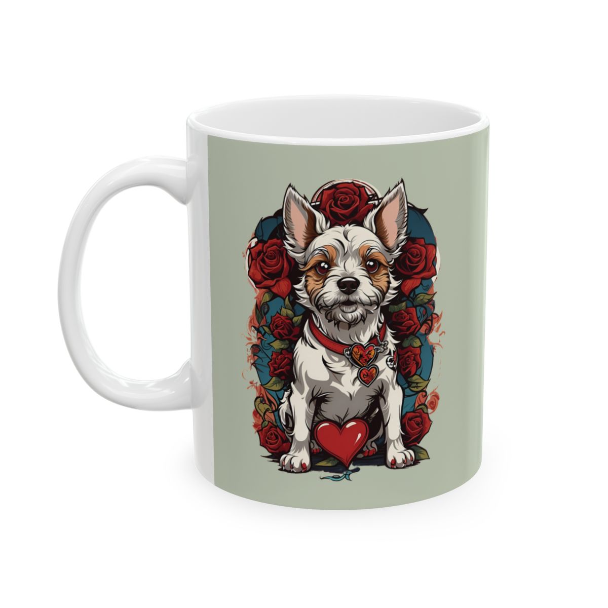 Mug with a tattoo art terrier dog and a heart and roses design on a light green background