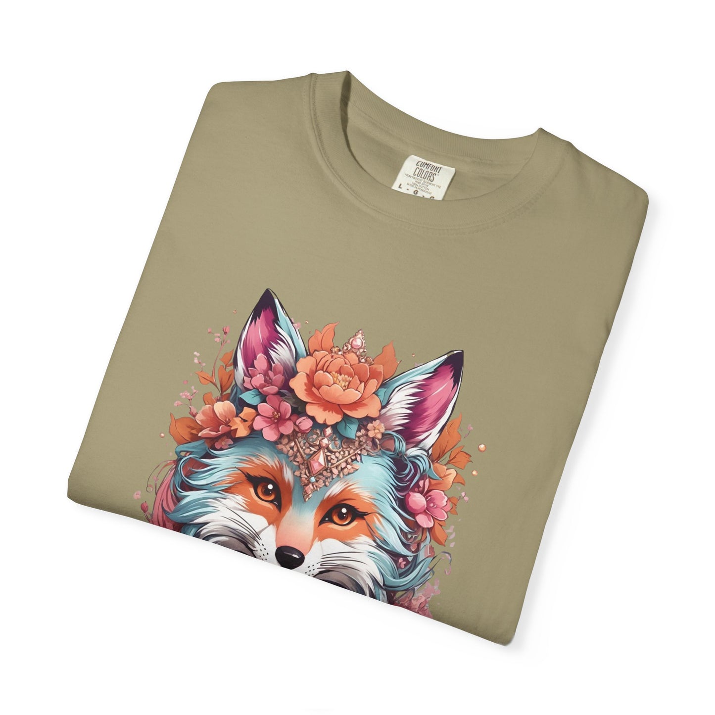Folded khaki t-shirt with a colorful boho chic style fox design on a white background