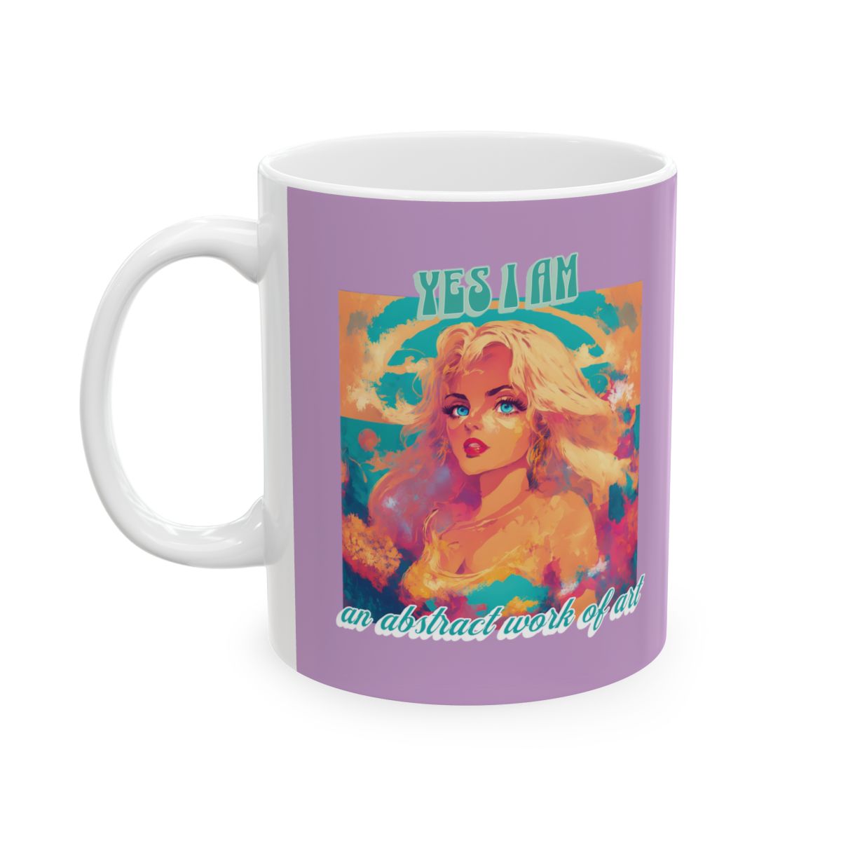 Pastel purple mug with an illustration of a very beautiful blonde woman with blue eyes looking like a doll and a retro style funny text in pastel colors