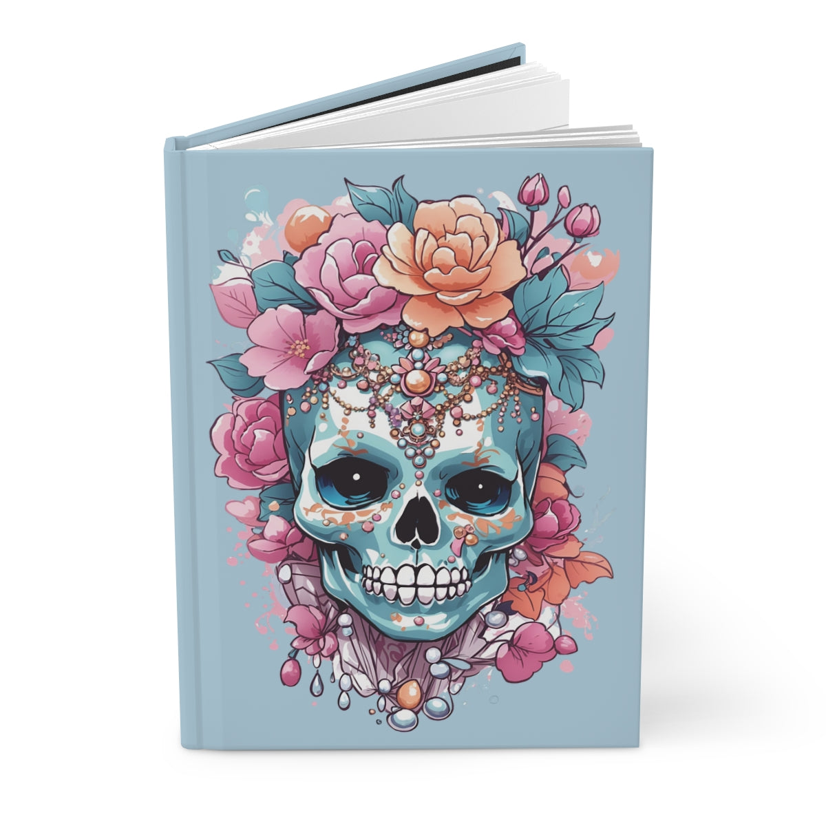 Pastel blue hardcover notebook with an illustration of a pastel colored skull accessorized fashionably with pink flowers and jewelry