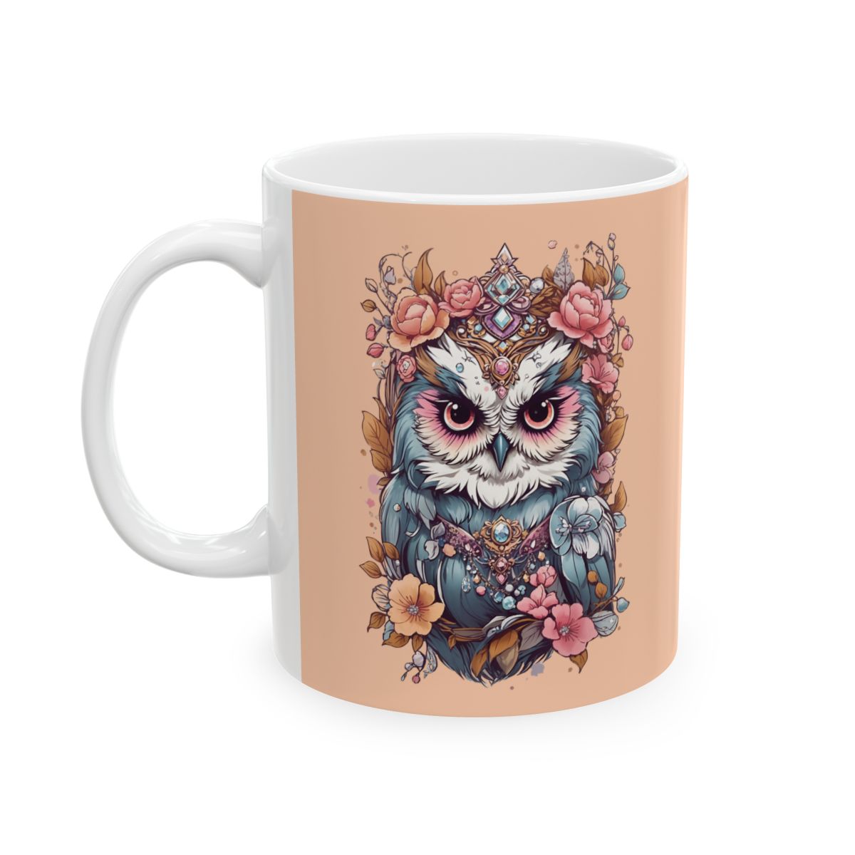 Mug with an owl wearing jewelry and flowers illustration on a peach background