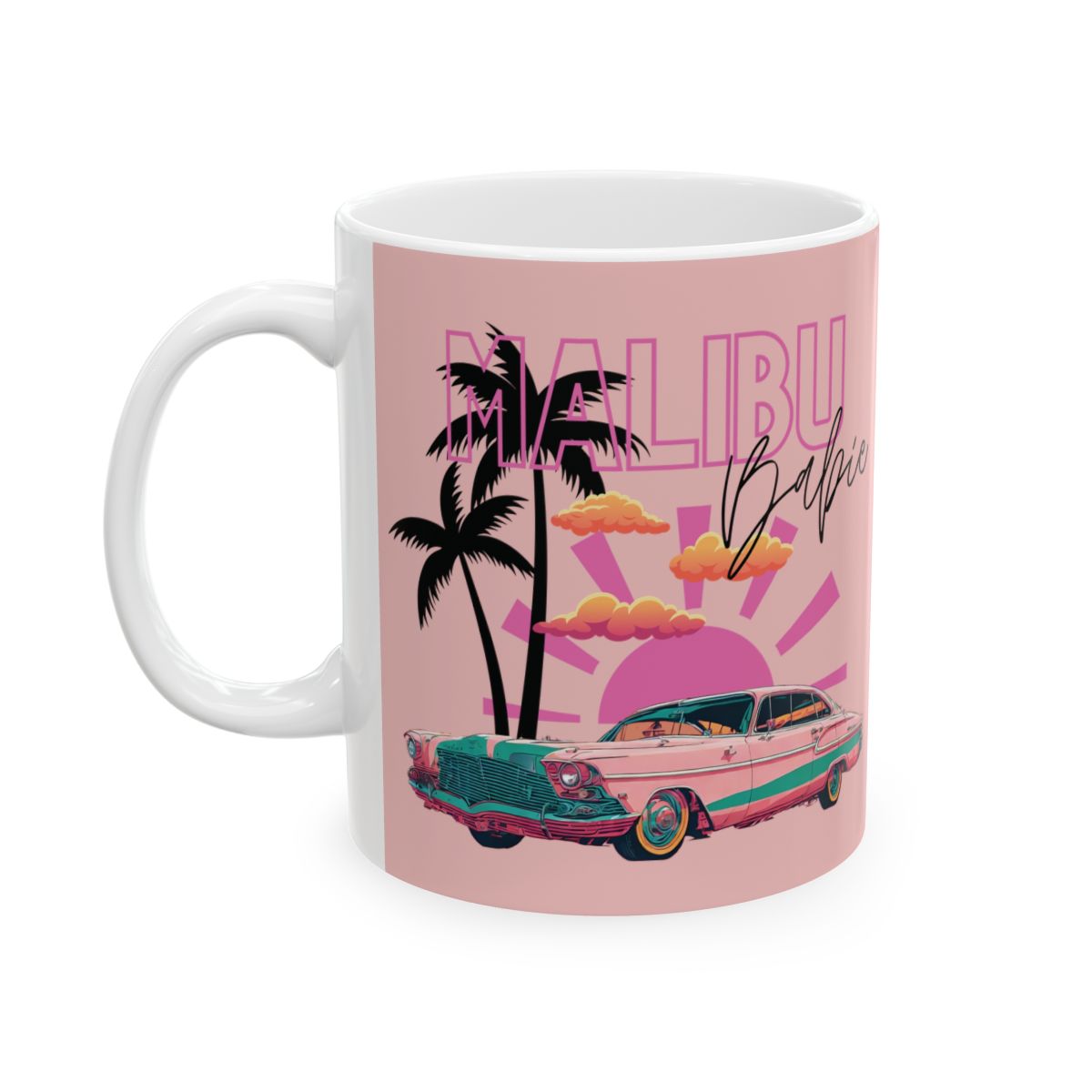 Pastel Pink mug with 'Malibu Babie' text with a design featuring a girly vintage car, palm trees, pastel clouds, a pink sunset.