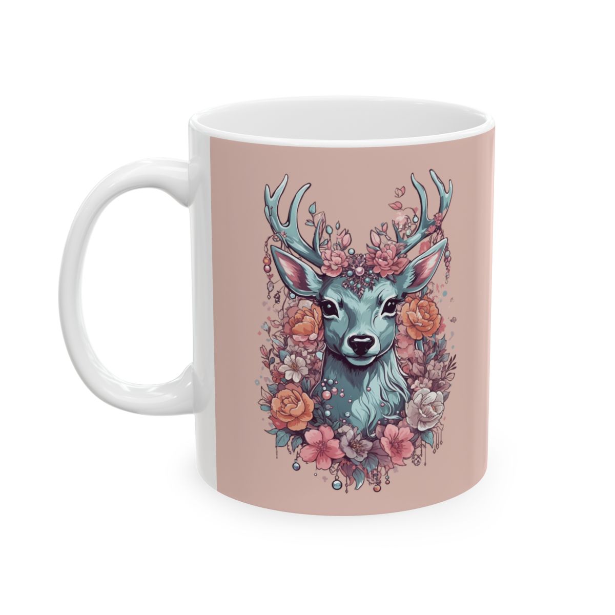 Soft pastel pink mug with a deer and floral design