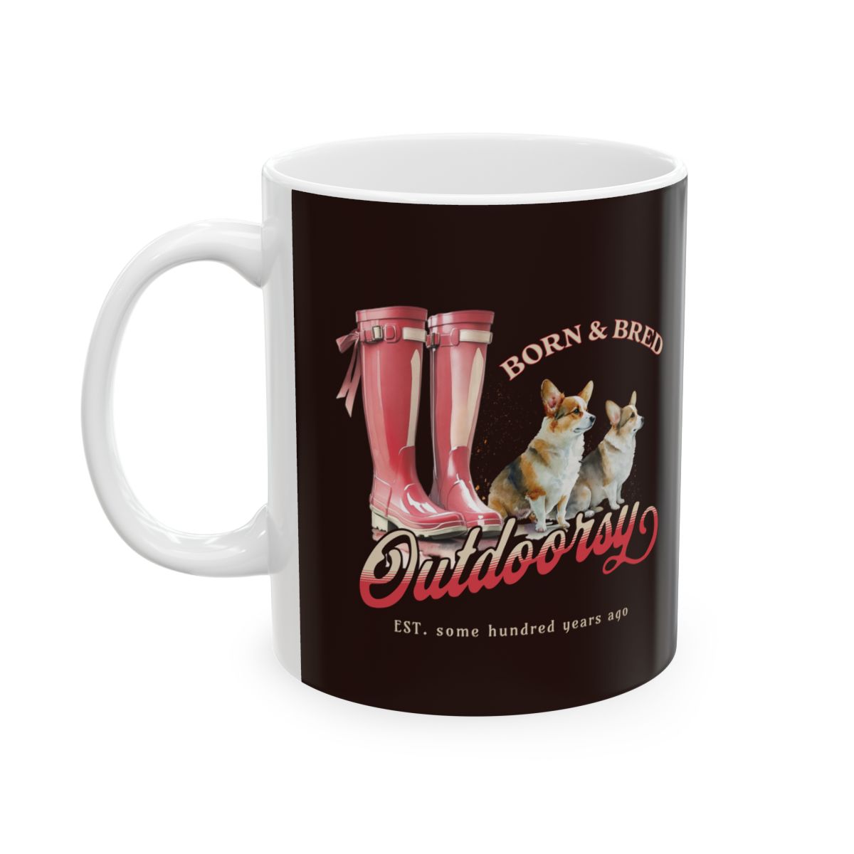 Mug with red Wellington boots and corgi dogs design on a brown background and a text that says "born and bred" "outdoorsy"