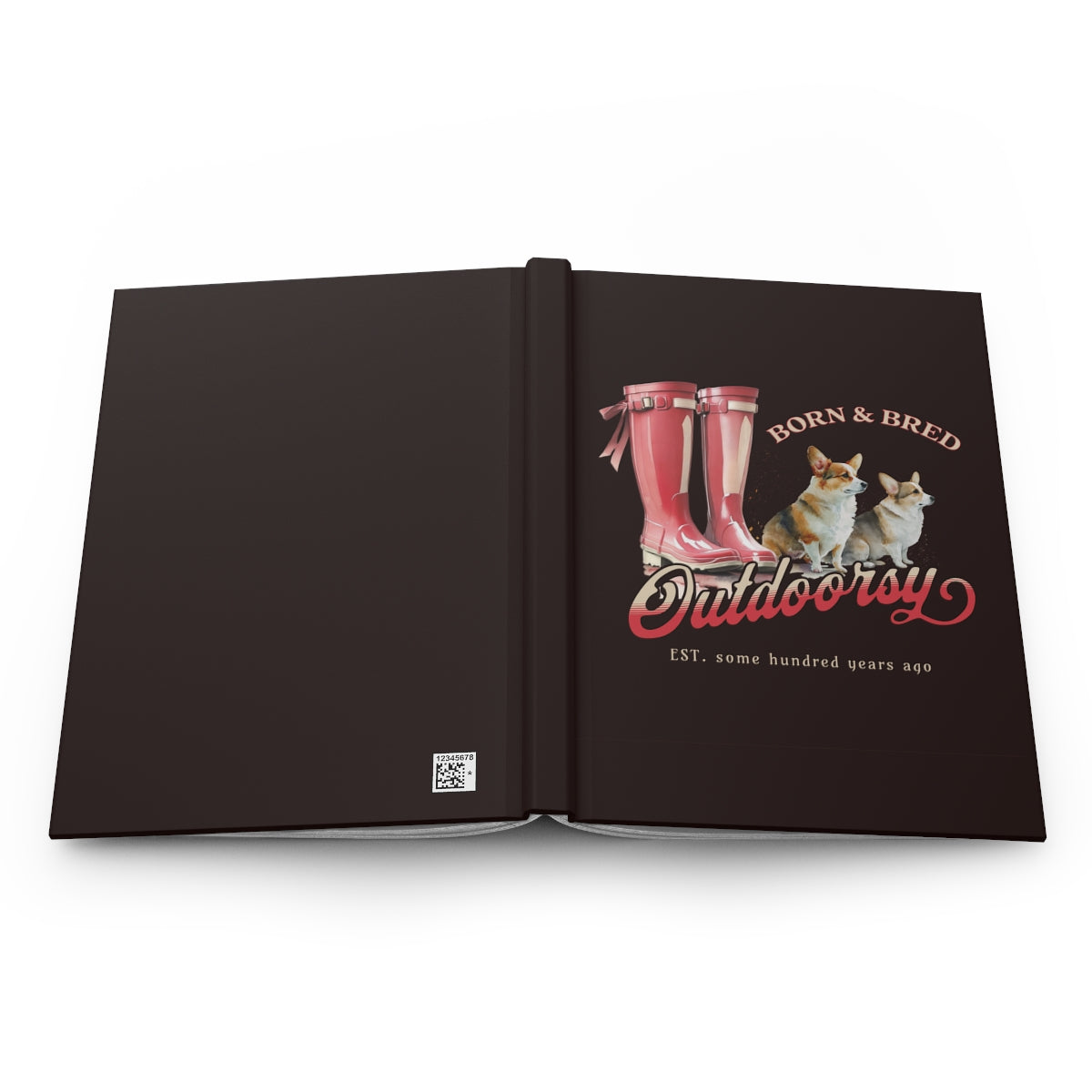 Hardcover brown notebook with red Wellington boots and Corgi dogs design that has texts "born & bred", "outdoorsy"