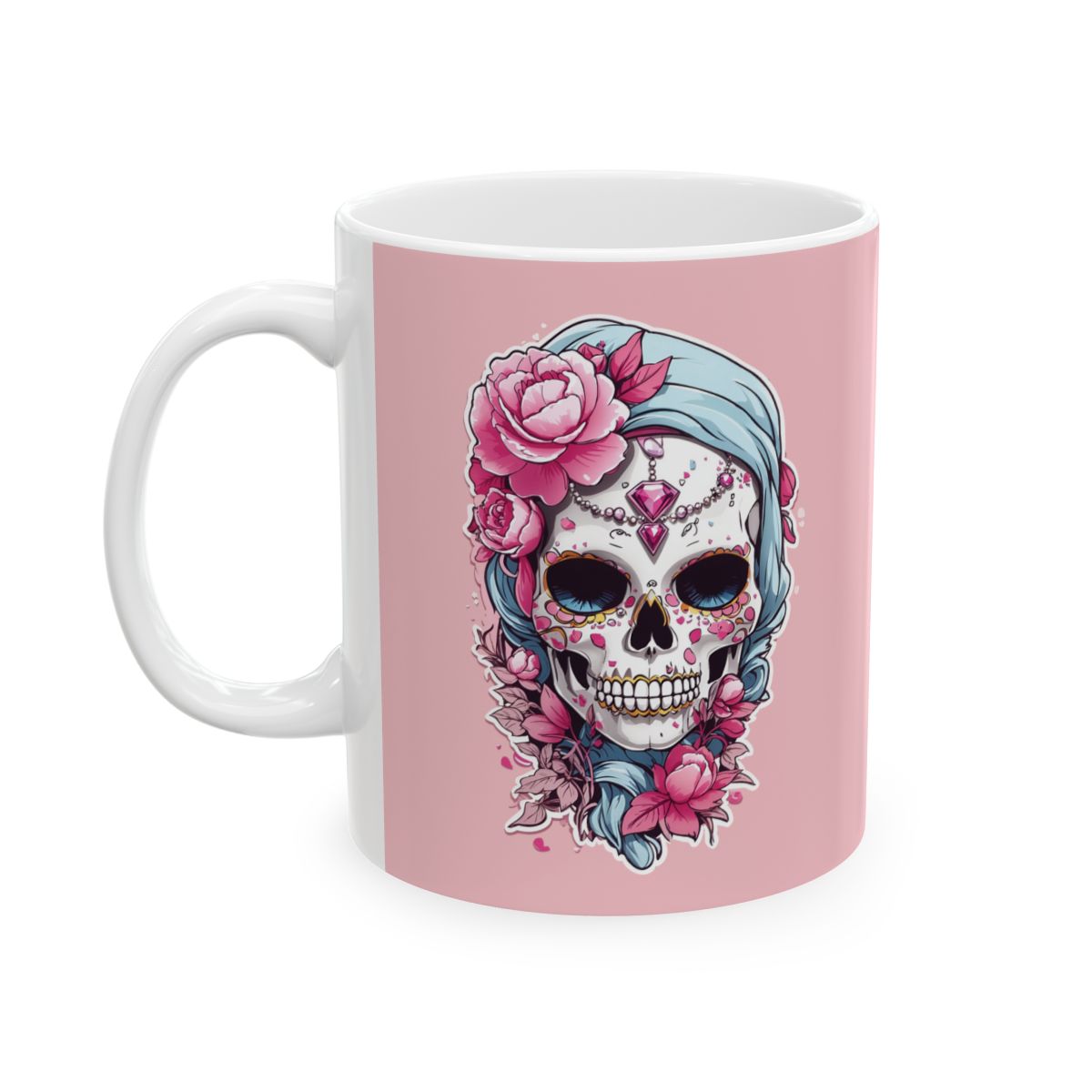 Pastel pink mug with a pastel colored skull design wearing jewelry and pink flowers design on a pink background