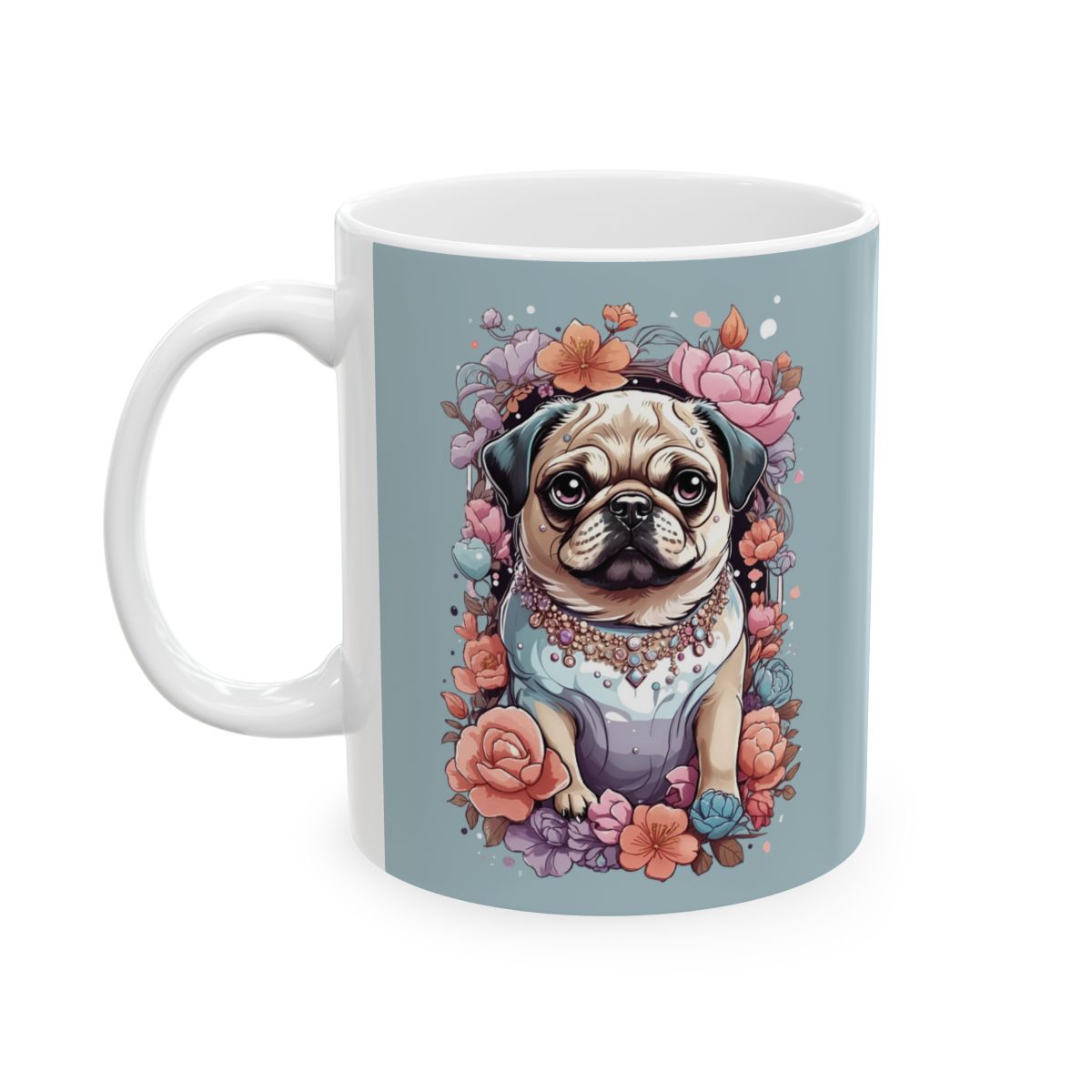 Mug with a kawaii pug dog illustration surrounded by pastel colored flowers on a light blue background