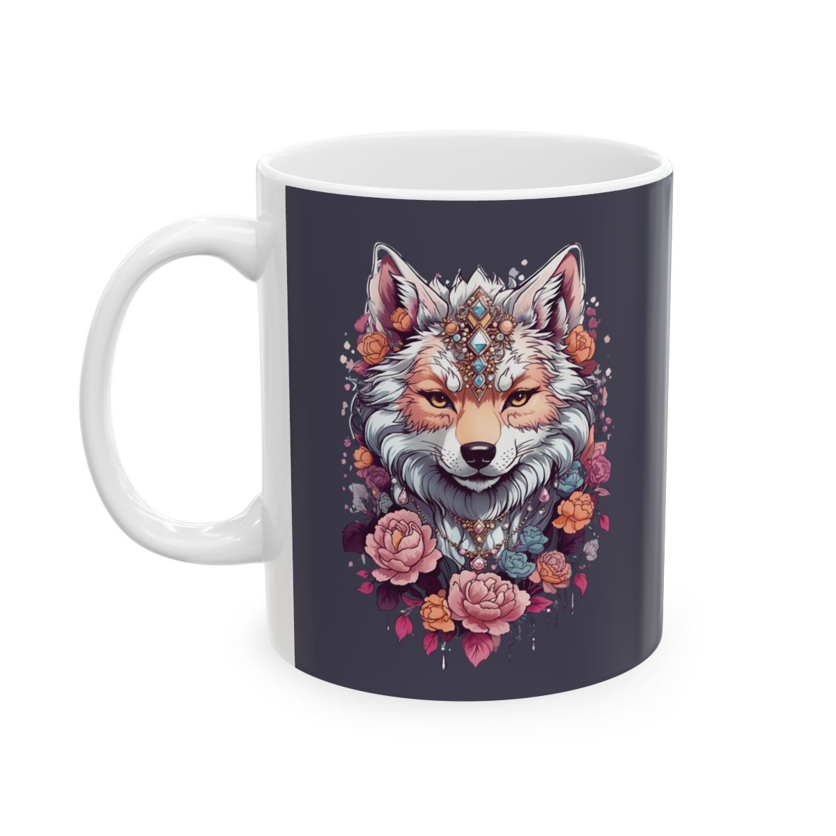 Mug with a colorful fox design wearing jewelry and surrounded by flowers on a dark background
