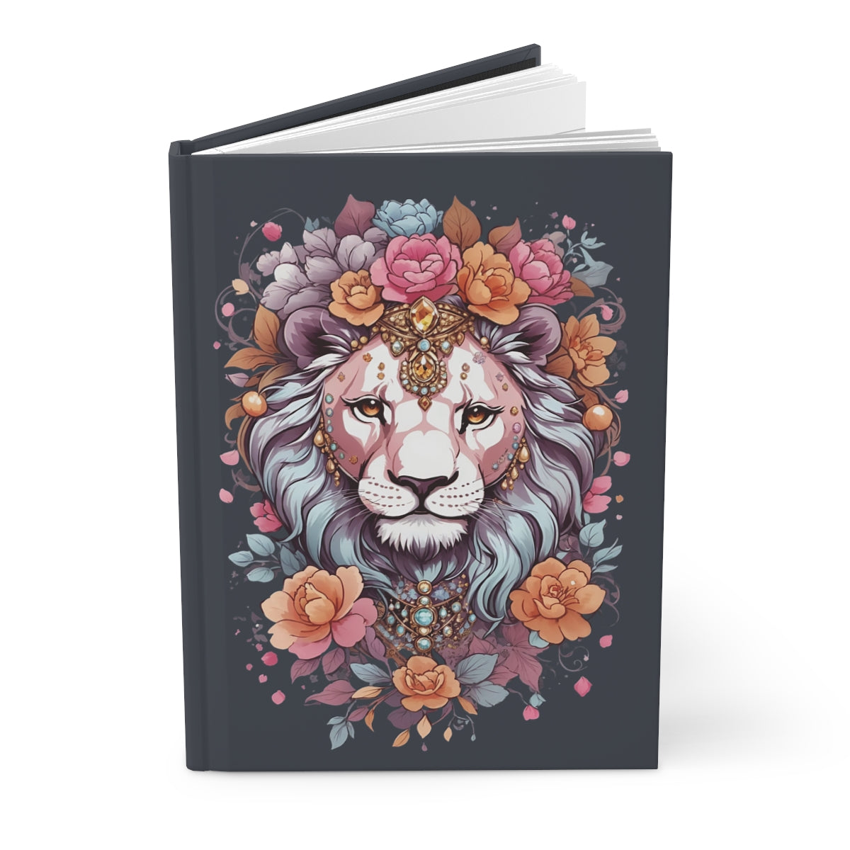 Notebook with a decorative kawaii style lioness wearing jewelry and pastel colored flowers design on the cover