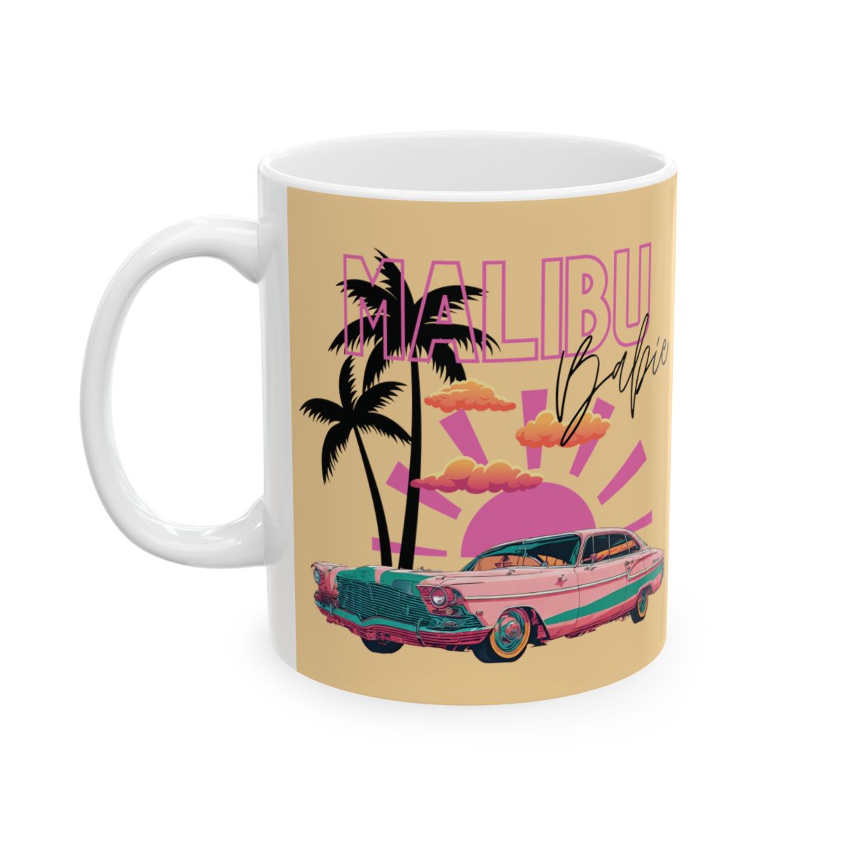 Pastel yellow Mug with 'Malibu Babie' text and a design featuring a vintage pink convertible car, palm trees, and sunset.