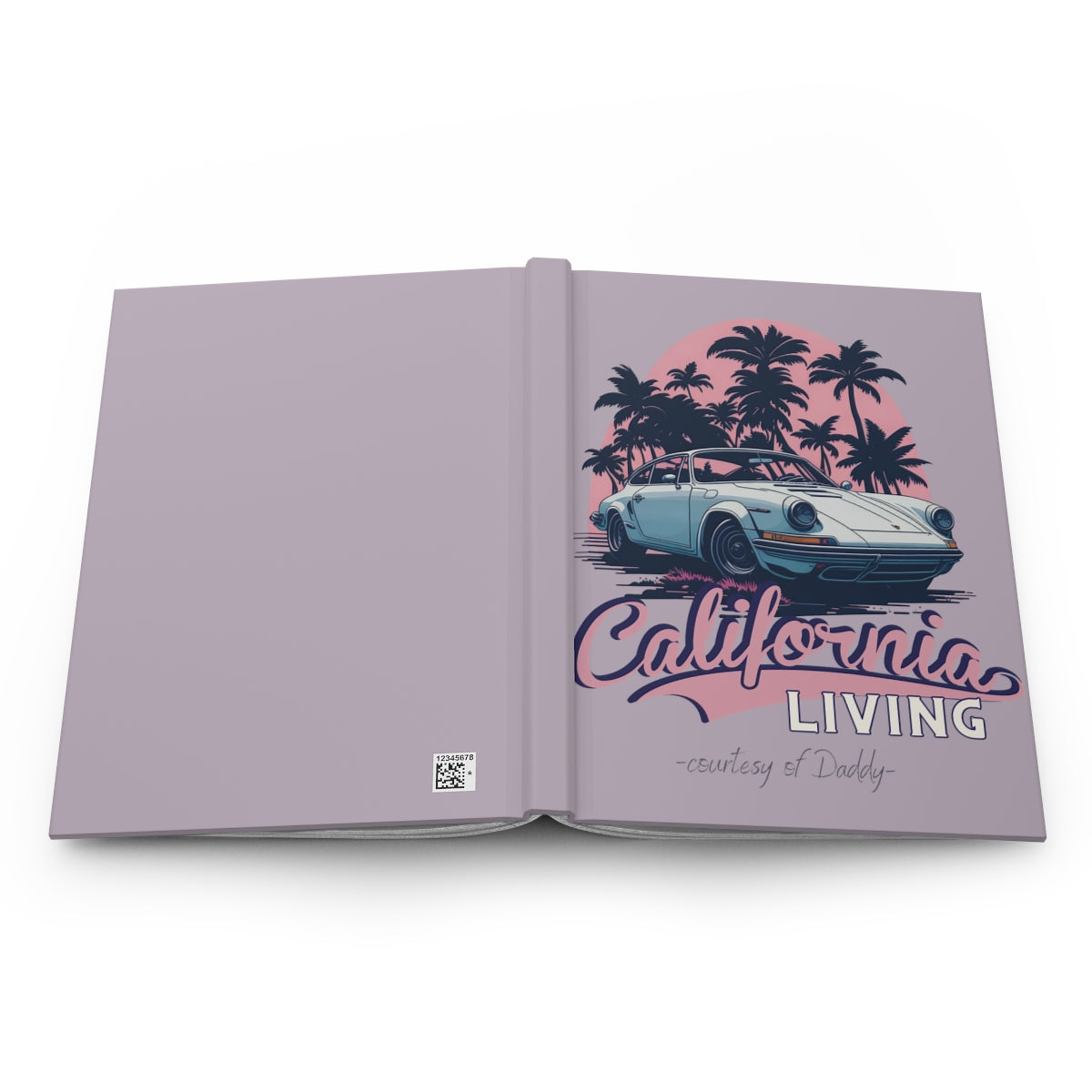 Open notebook with a vintage sports car, palm trees, pink sunset and girly retro aesthetic pastel pink 'California Living' "courtesy of daddy" texts on a pastel purple background
