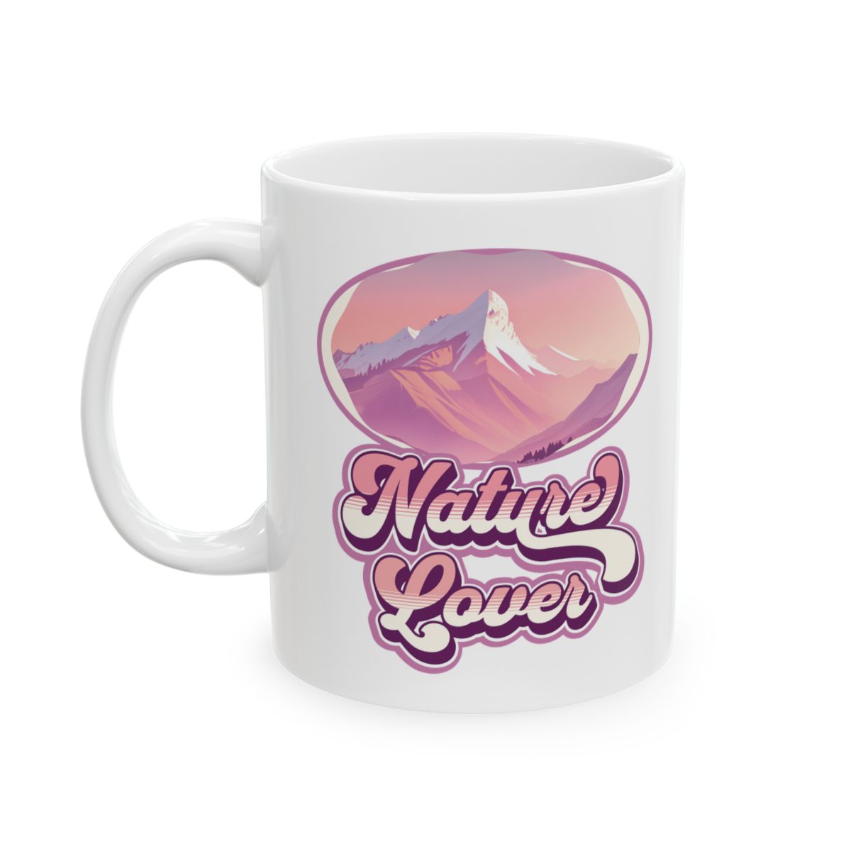 White mug with pastel pink an purple retro 'Nature Lover' design in retro groovy letters, featuring a pastel pink colored mountain