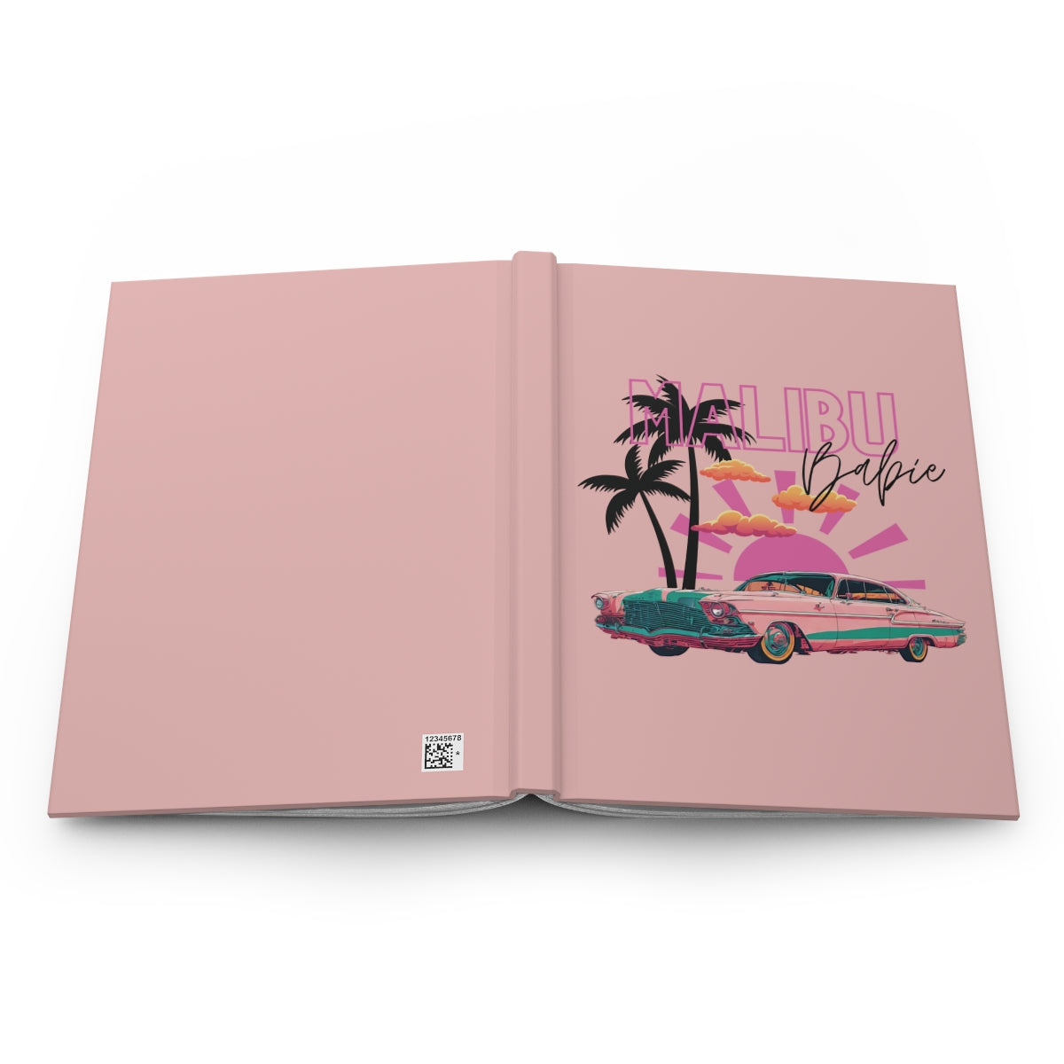 Open notebook with a pink cover featuring a pink vintage car, palm trees, pastel orange clouds, a pink sunset and 'Malibu Babie' text on a pastel pink background.