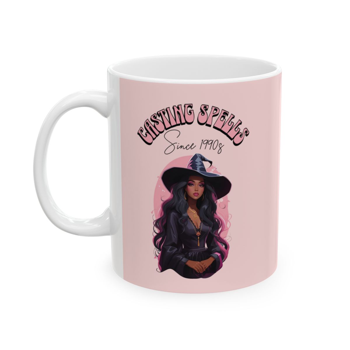 Pastel pink Mug with a beautiful witch graphic and 'Casting Spells Since 1990' text written in retro pink letters on a light pink background