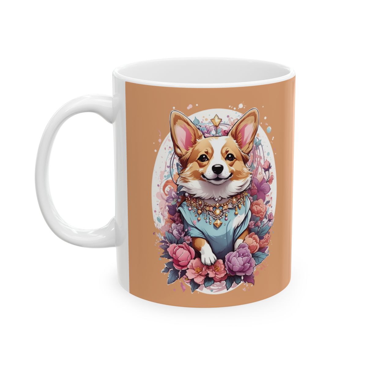 Mug with a corgi dressed in jewels illustration on a mustard colored background