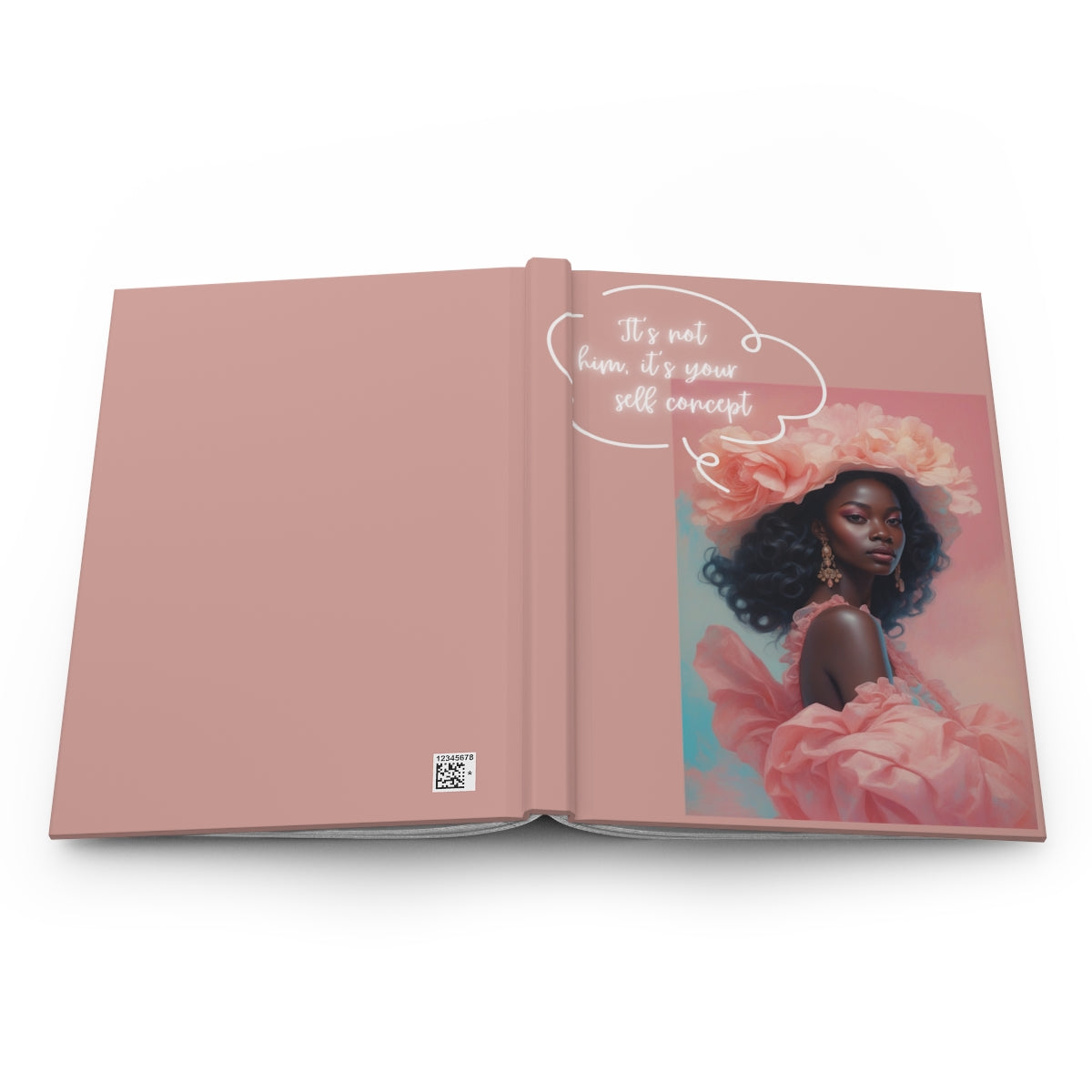 Peachy pink book cover with a woman in a pink dress and floral headpiece, funny text about self concept in manifestation 'It's not him, it's your self concept' on a pink background.