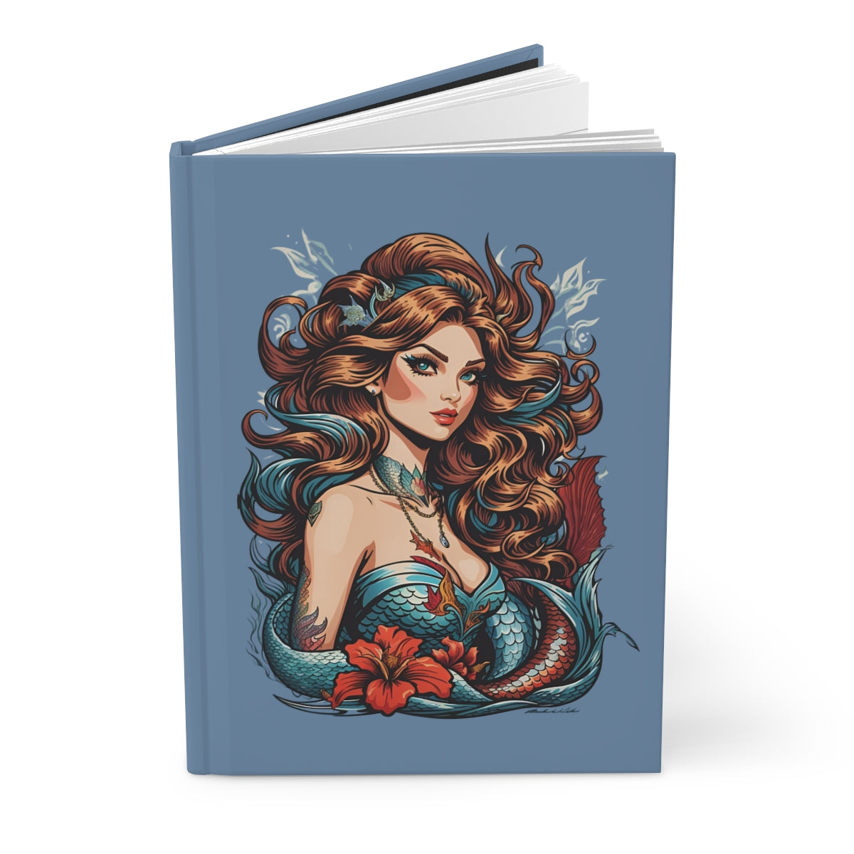 Notebook with a beautiful siren illustration on a blue background