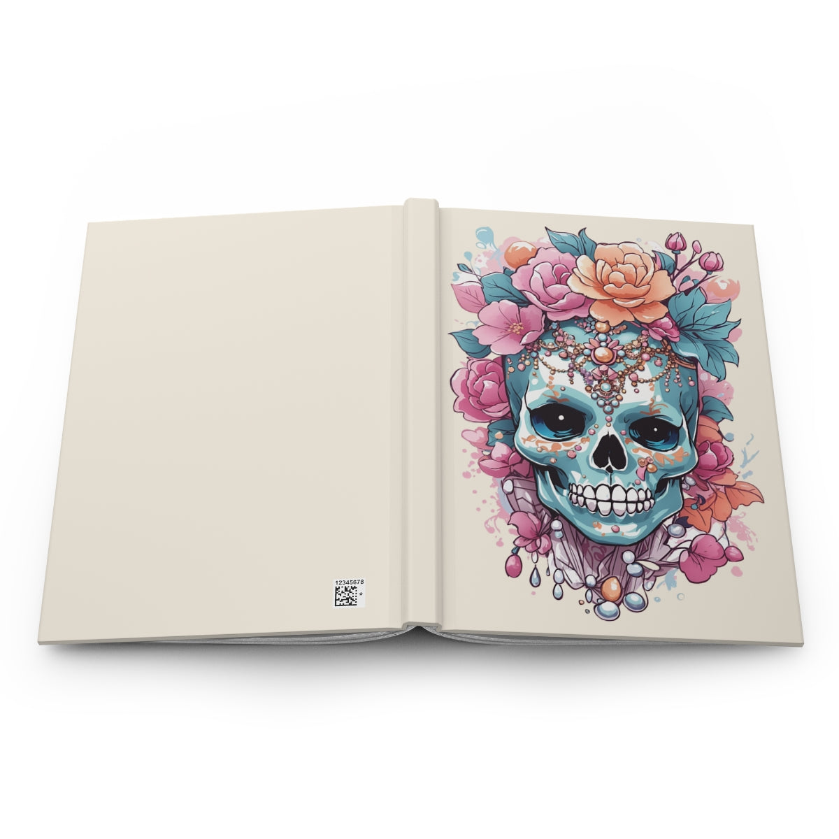 Open Journal with Pastel colored fashionable skull design with flowers and jewelry on a beige background