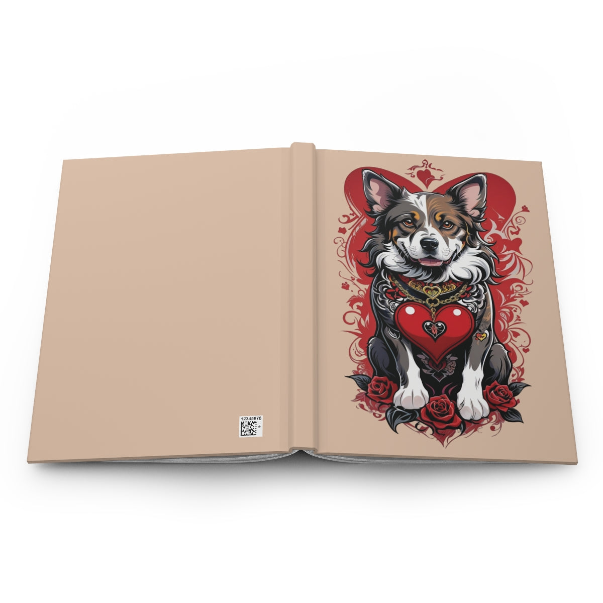 Open beige notebook with tattoo art aesthetic Puppy illustration with red hearts and tattoo style red roses on a beige background