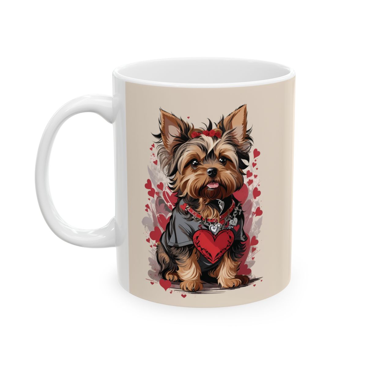 Mug with a Yorkshire terrier puppy illustration and red hearts design on a beige background