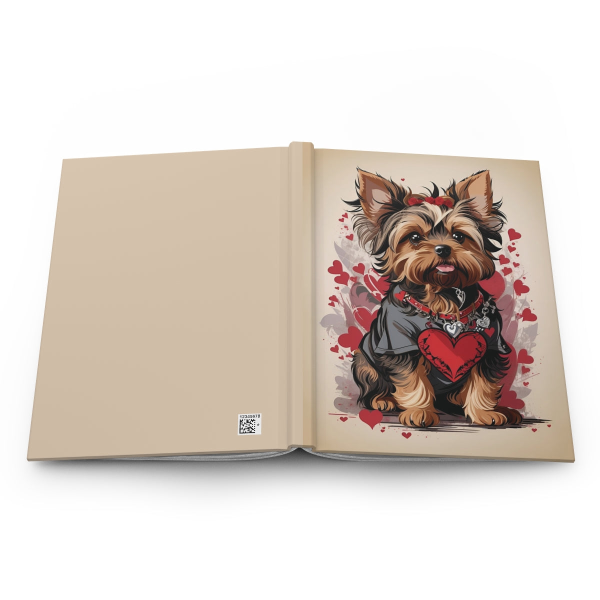 Open notebook with a cute girly Yorkshire terrier dog illustration with red hearts