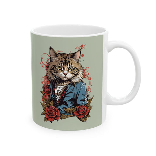 Mug with a tattoo style cat wearing a jean jacket and floral design on a light green background