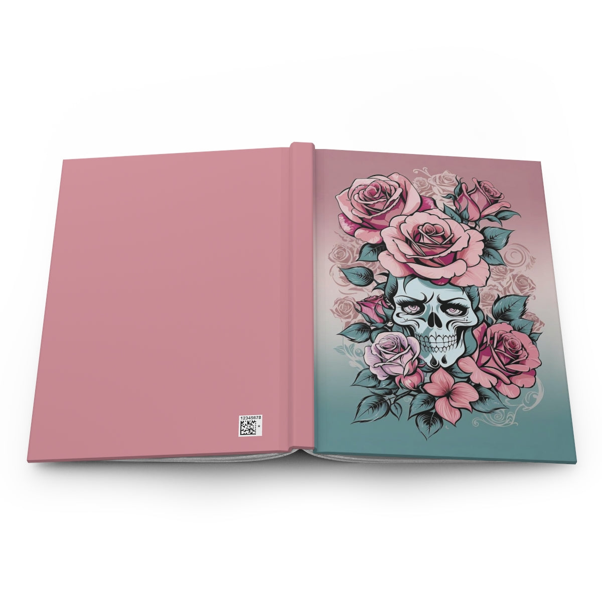 Open Notebook with a tattoo aesthetic skull and pink roses 2000s fashion design on a pink and green gradient cover