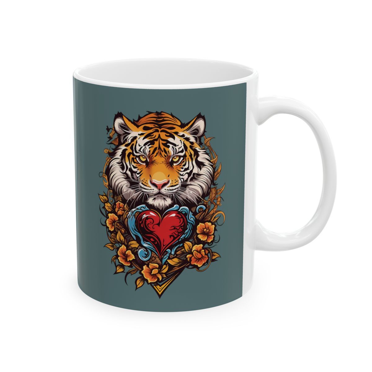 Mug with a tattoo style  tiger and heart and flowers design 