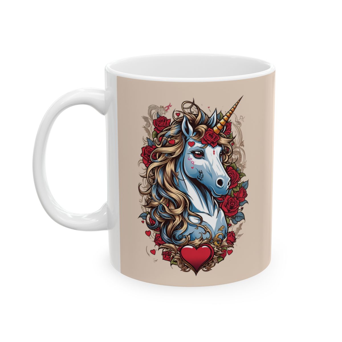 Mug with a tattoo art aesthetic unicorn and a heart and roses design on a beige background