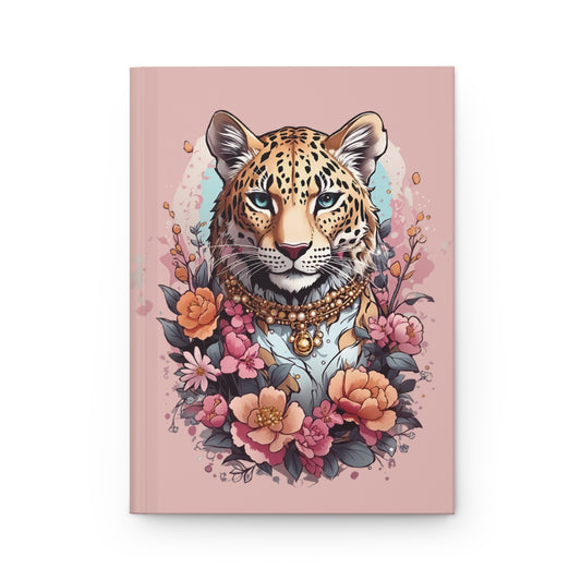 Light pink Notebook with a stylized leopard illustration wearing jewelry surrounded by pastel colored flowers 
