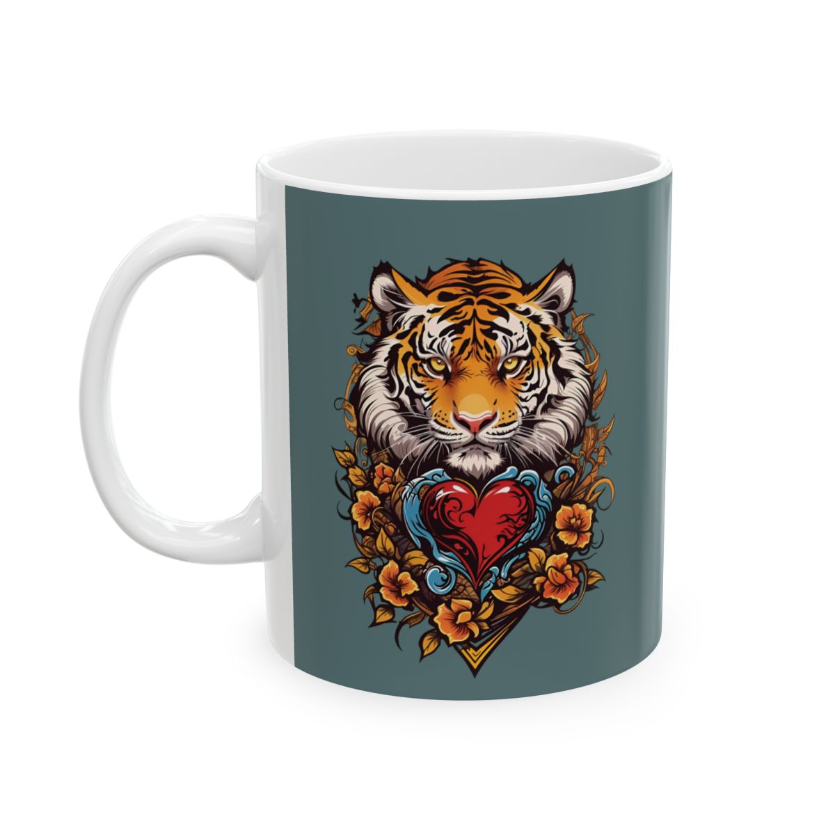 Mug with a tattoo style  tiger and heart and flowers design  on a teal background
