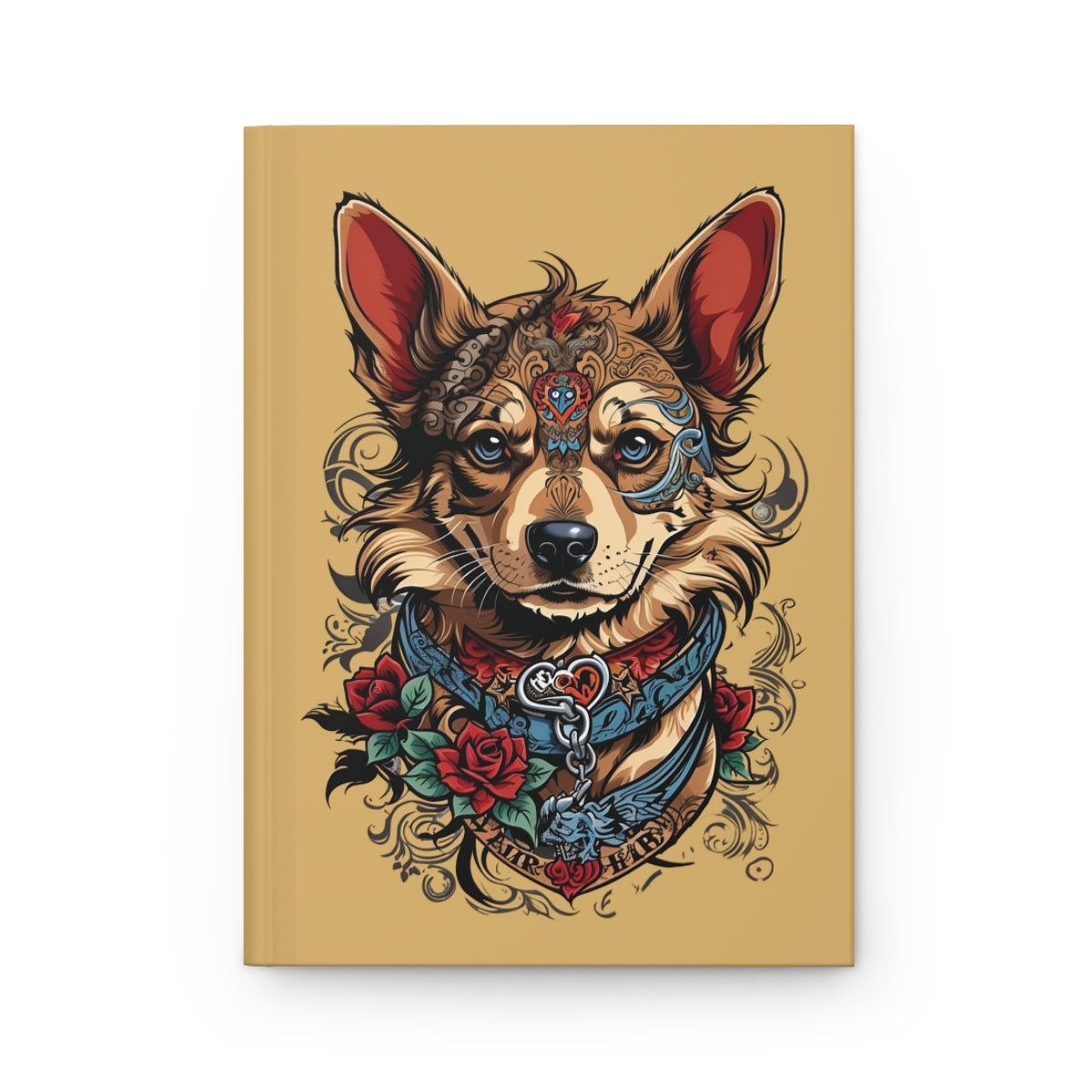 Mustard yellow notebook with a 2000s tattoo aesthetic puppy illustration with tattoos and red roses 