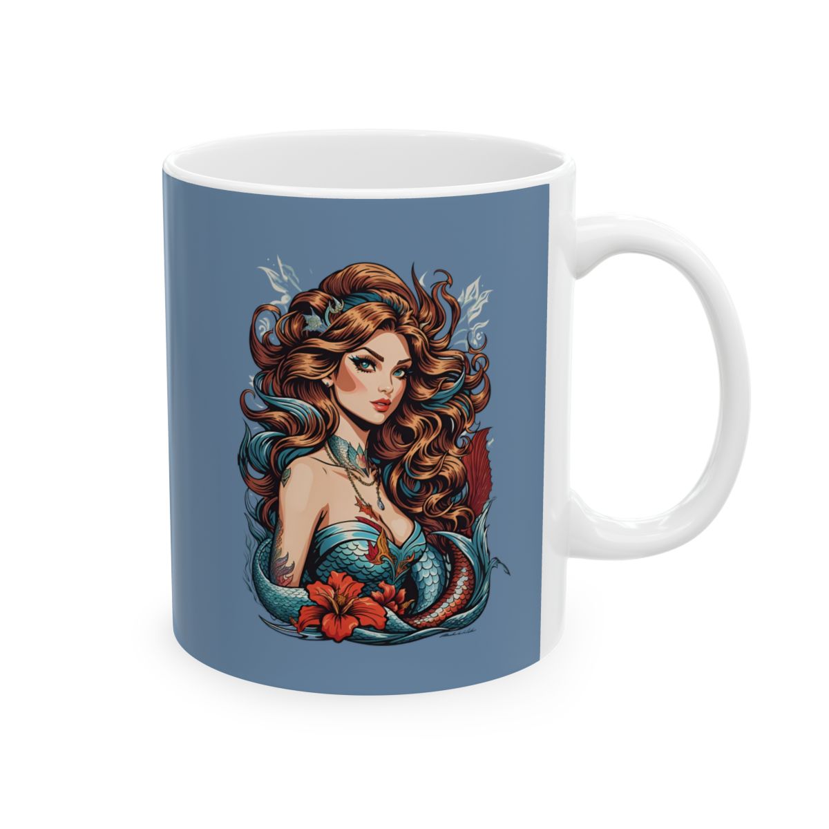 Mug with a tattoo art aesthetic siren design on a blue background