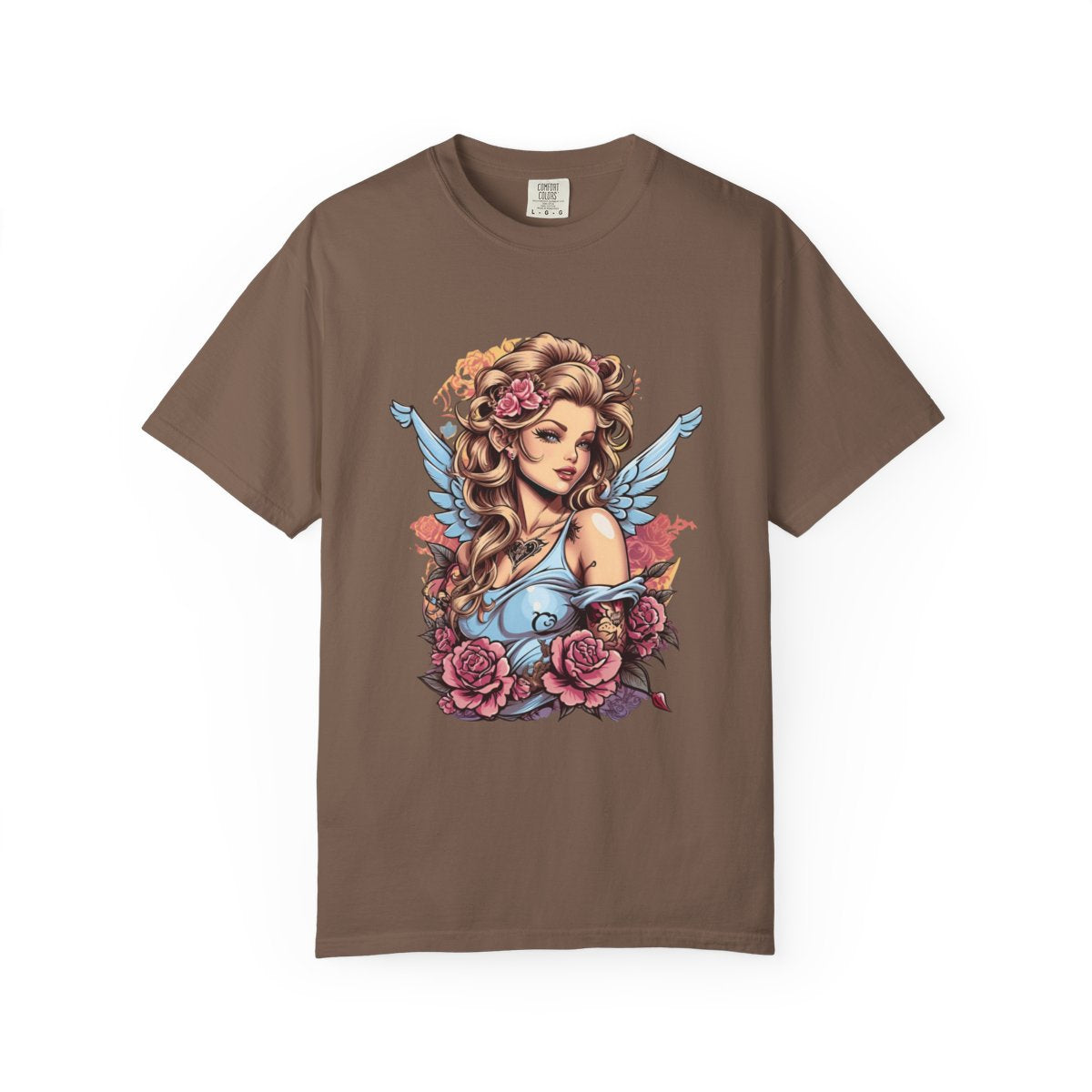 Brown t-shirt with a female cupid and floral design in pastel colors