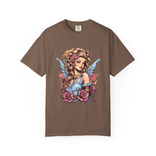 Brown t-shirt with a female cupid and floral design in pastel colors