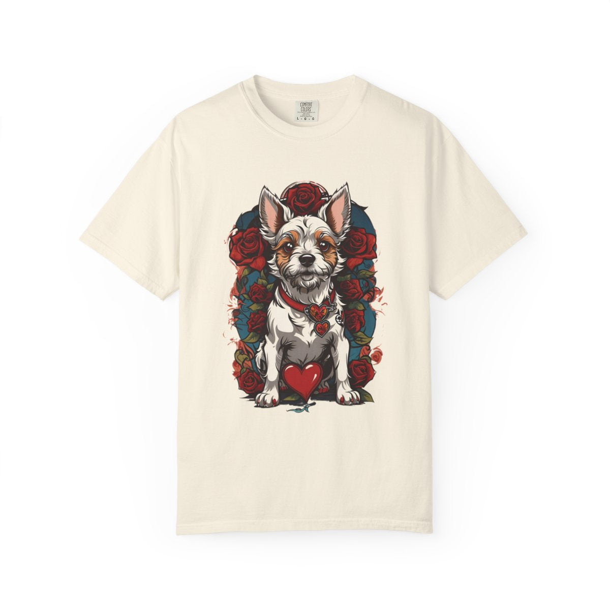 Beige t-shirt with a 2000s fashion dog, heart and roses design 