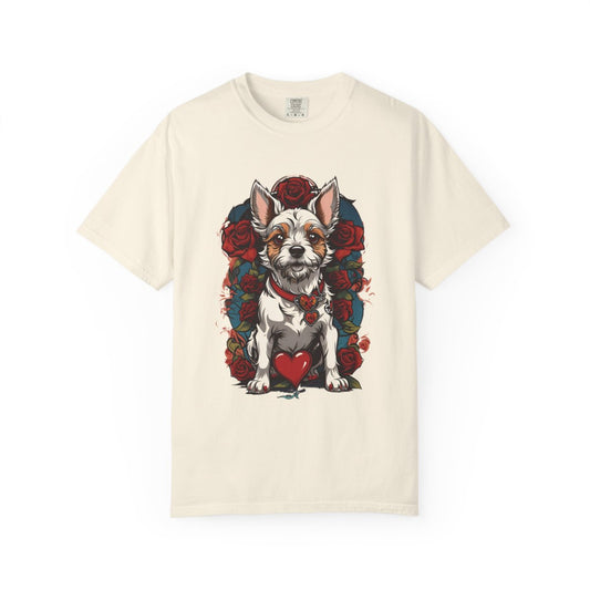 Beige t-shirt with a 2000s fashion dog, heart and roses design 