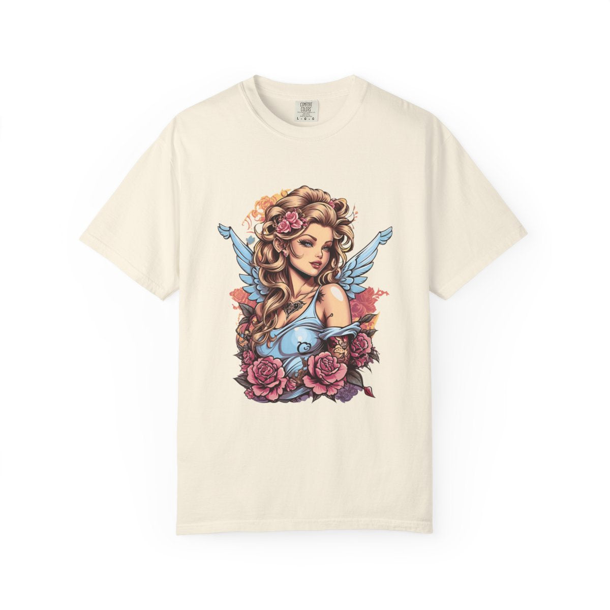 Beige t-shirt with a tattoo style female angel and floral design in pastel colors