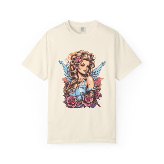 Beige t-shirt with a tattoo style female angel and floral design in pastel colors