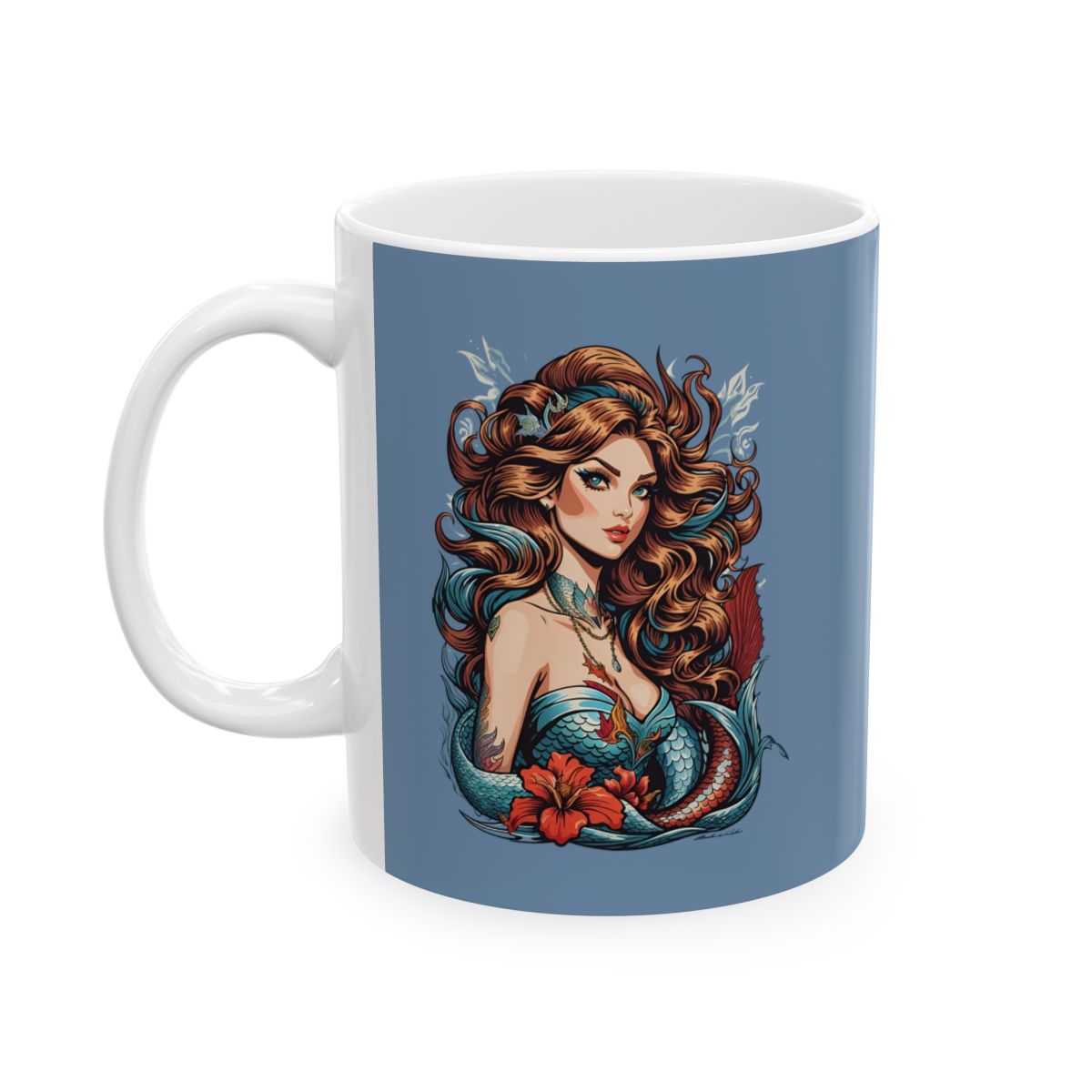 Mug with a tattoo style mermaid design on a blue background