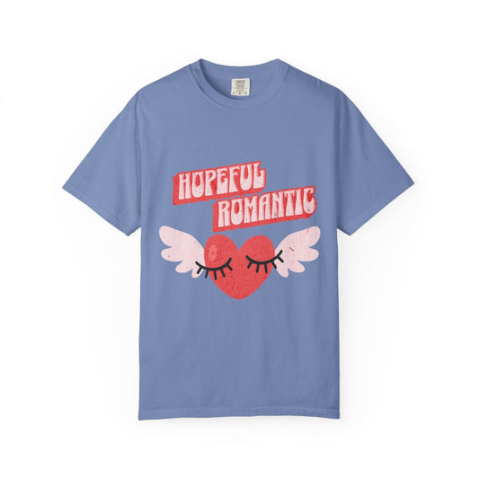 Blue t-shirt with 'Hopeful Romantic' text and a retro heart with wings design 