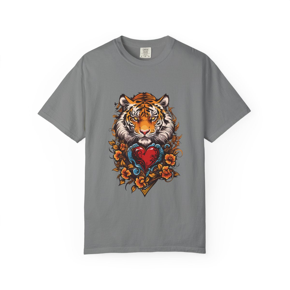 Gray t-shirt with a tiger and heart design 