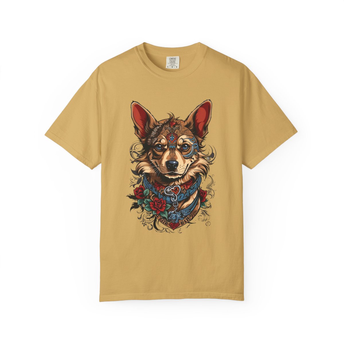 Mustard yellow t-shirt with a y2k tattoo art style dog graphic design 