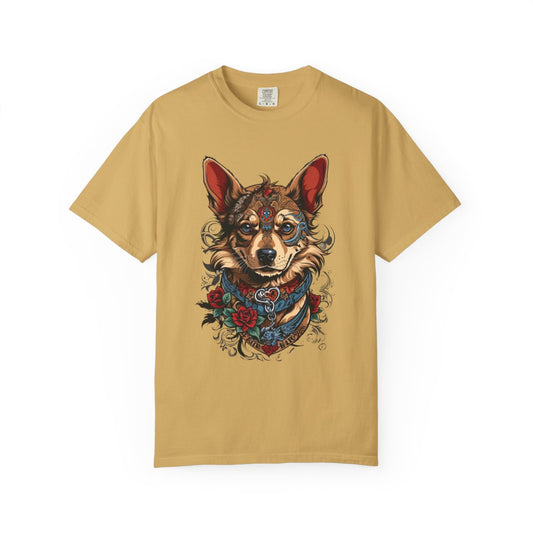 Mustard yellow t-shirt with a y2k tattoo art style dog graphic design 