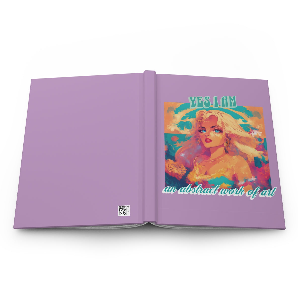 Open Pastel purple hardcover journal with a cover featuring an illustration of a  very beautiful blonde girl with blue eyes, long blonde hair, an abstract design in the background and retro aesthetic text "Yes I am an abstract work of art"
