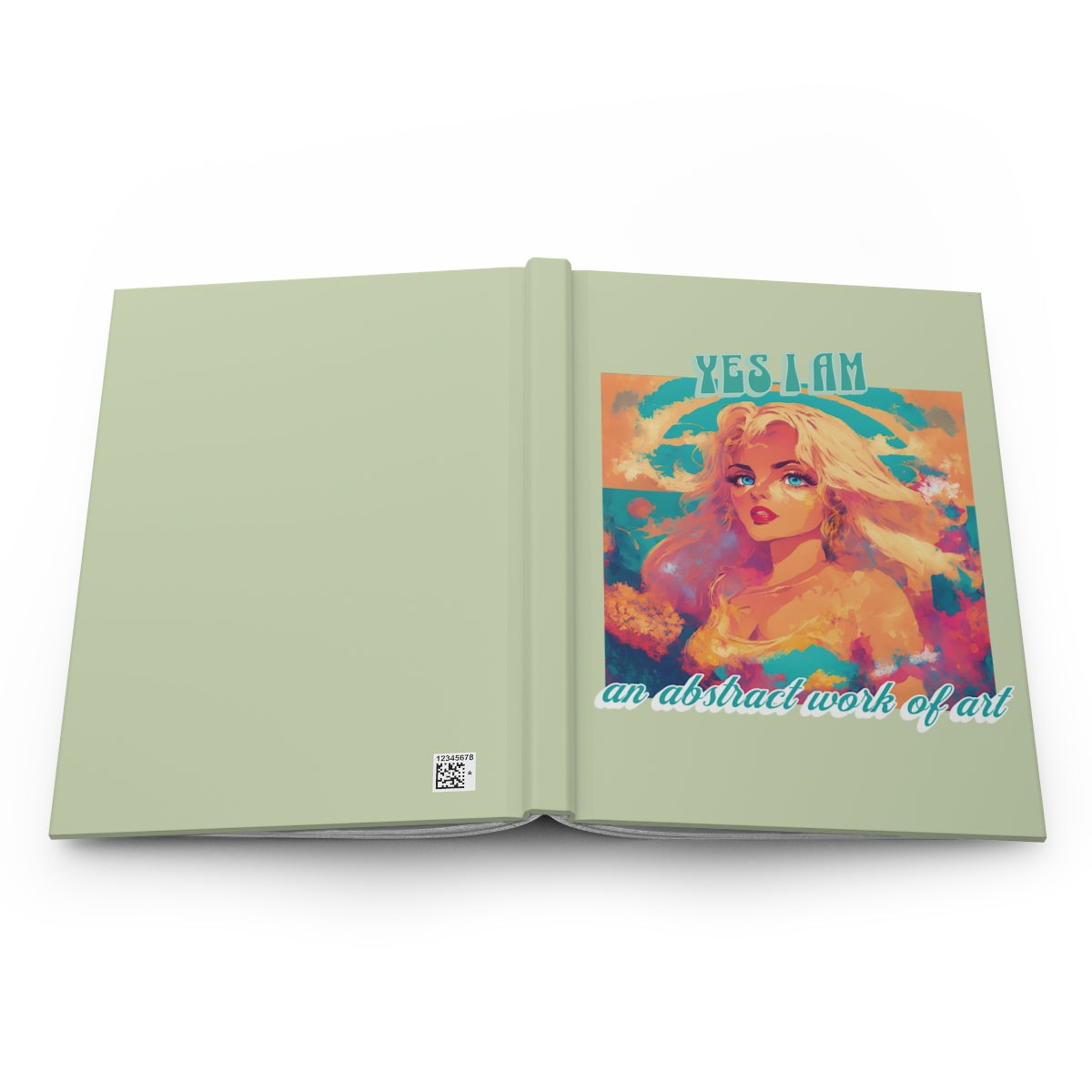 Open Pastel green notebook with a cover featuring an illustration of a very beautiful blonde girl with blue eyes, an abstract design and retro aesthetic text "Yes I am an abstract work of art"