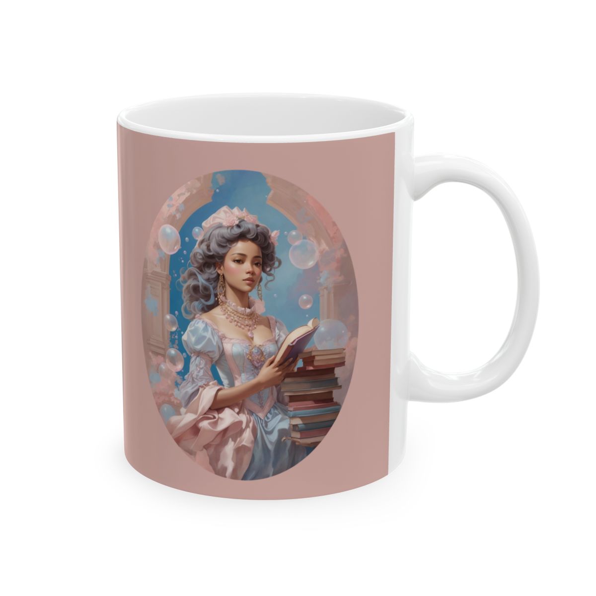 Pastel colored Mug with an illustration of a woman in a pastel colored regency style dress holding  a book surrounded by books and bubbles