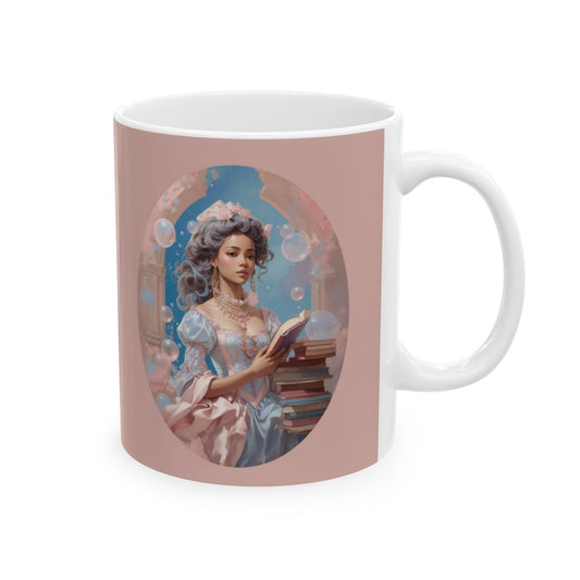 Pastel colored Mug with an illustration of a woman in a pastel colored regency style dress holding  a book surrounded by books and bubbles