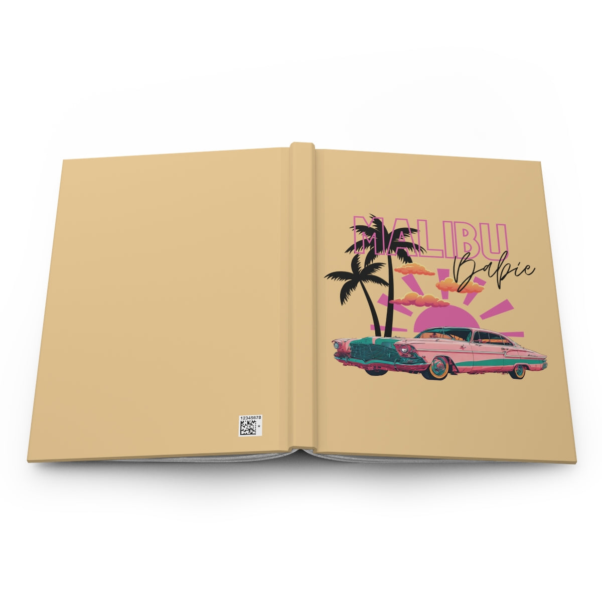 Open butter yellow notebook with a 'Malibu Babie' text featuring palm trees, pink sunset, light orange clouds and a pink vintage car 