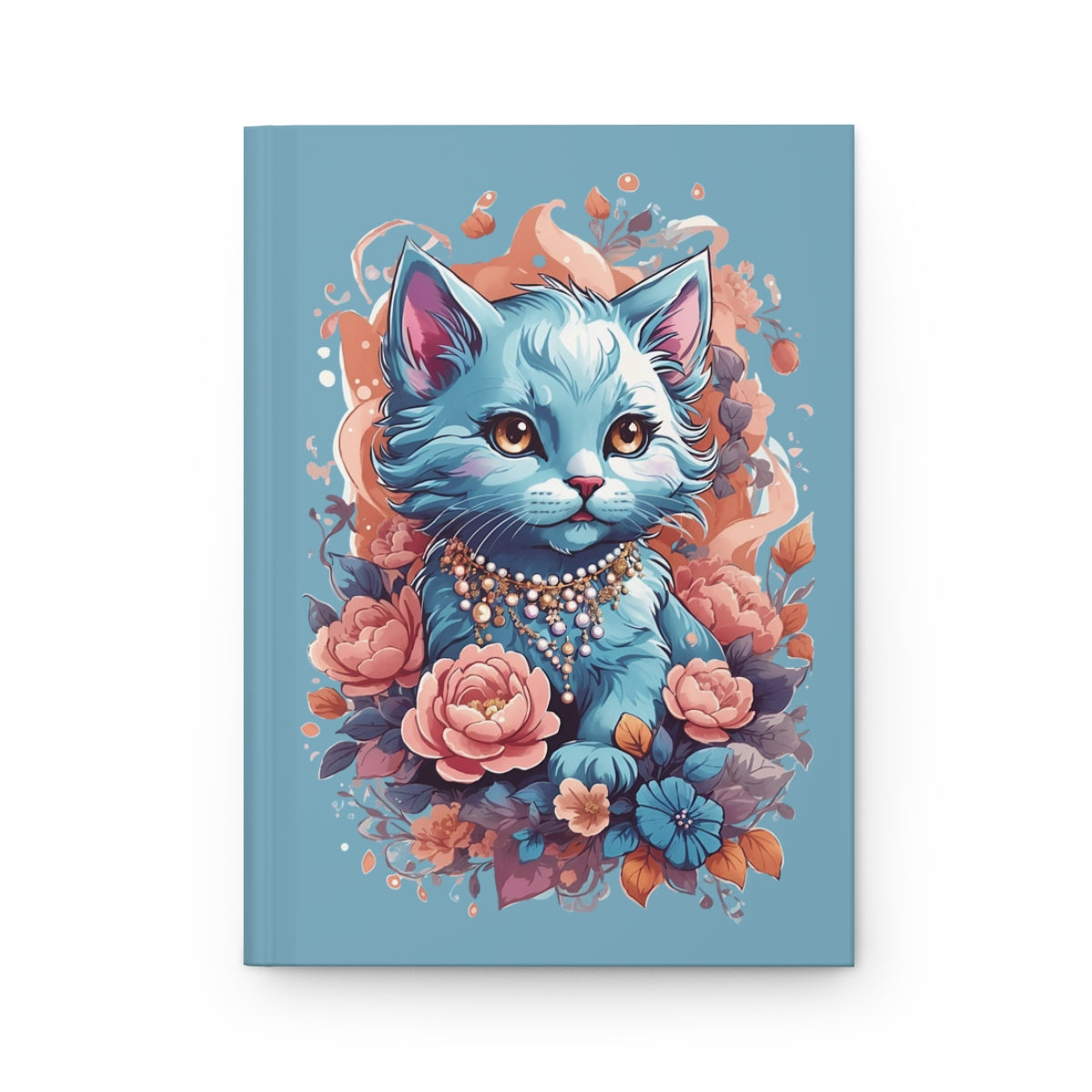 Blue Notebook cover with a pastel blue female kitten wearing a necklace, surrounded by flowers 